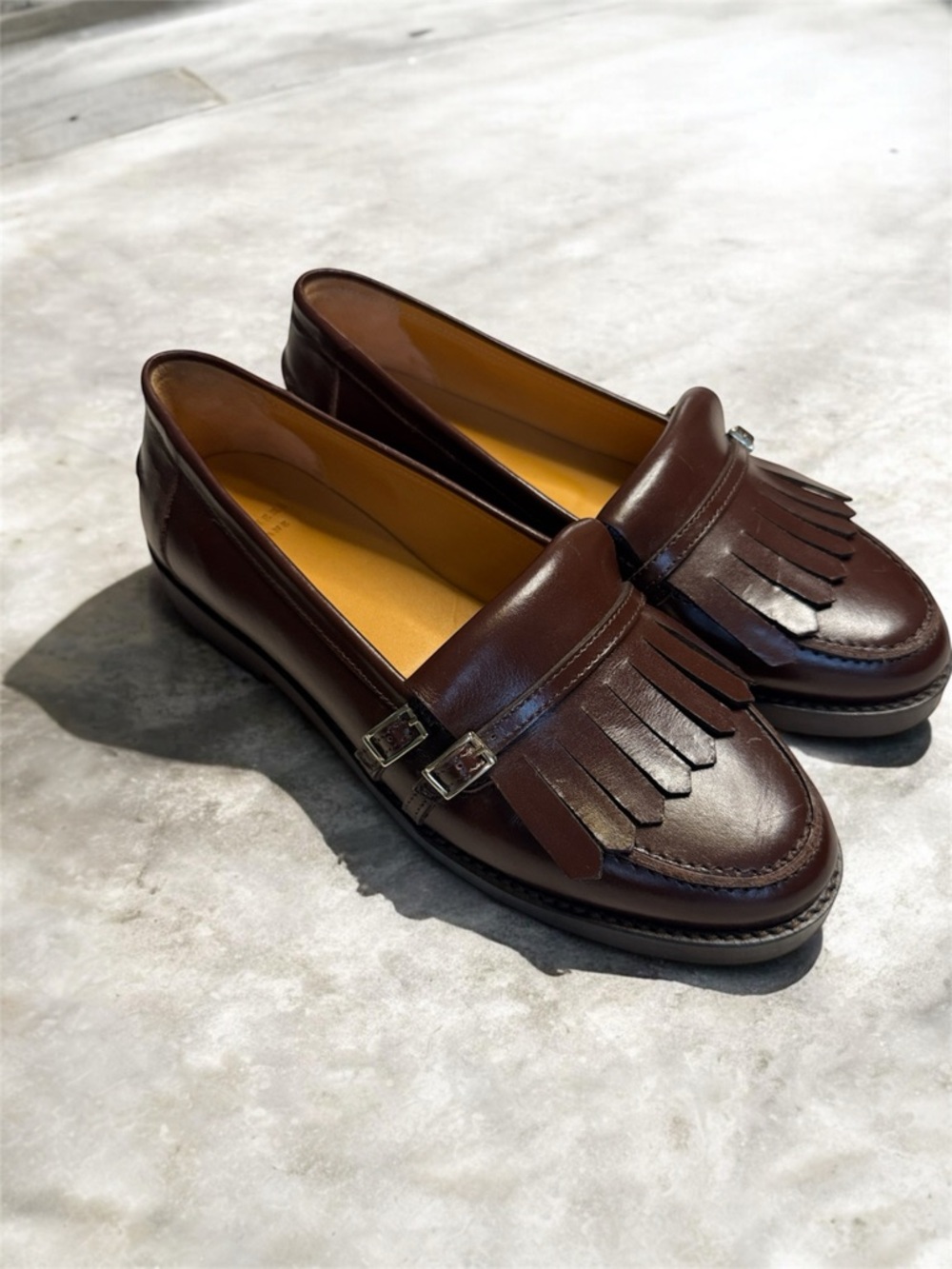 NEW! Sezane Joey Glossy Chocolate Brown Fringe Loafers Buckle Detail Sz 40 US 9